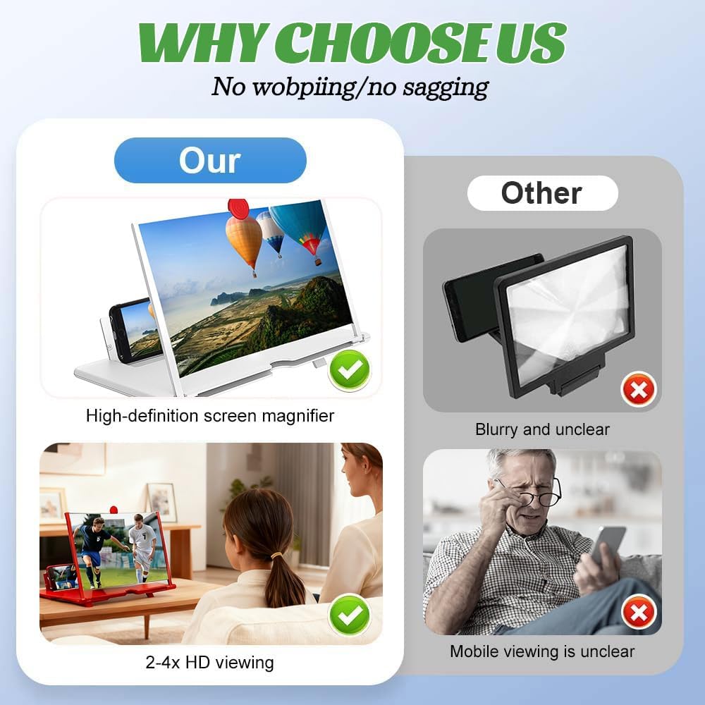 12" Phone Screen Magnifier 2-4X, HD Mobile Phone Video Amplifier with Foldable Stand